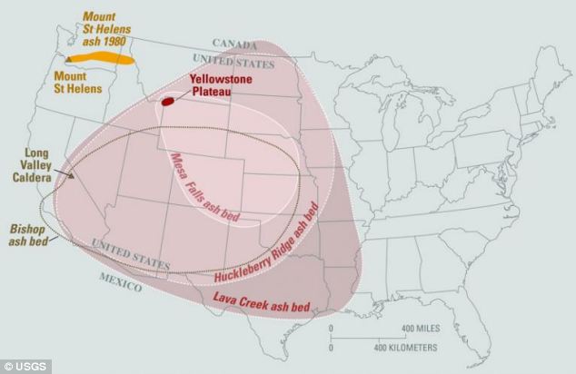 This map from the U.S. Geological Service shows the range of the volcanic ash that was deposited after the three huge eruptions over the last 2.1 million years. It is claimed contingency plans for another eruption could include relocating millions to other countries.